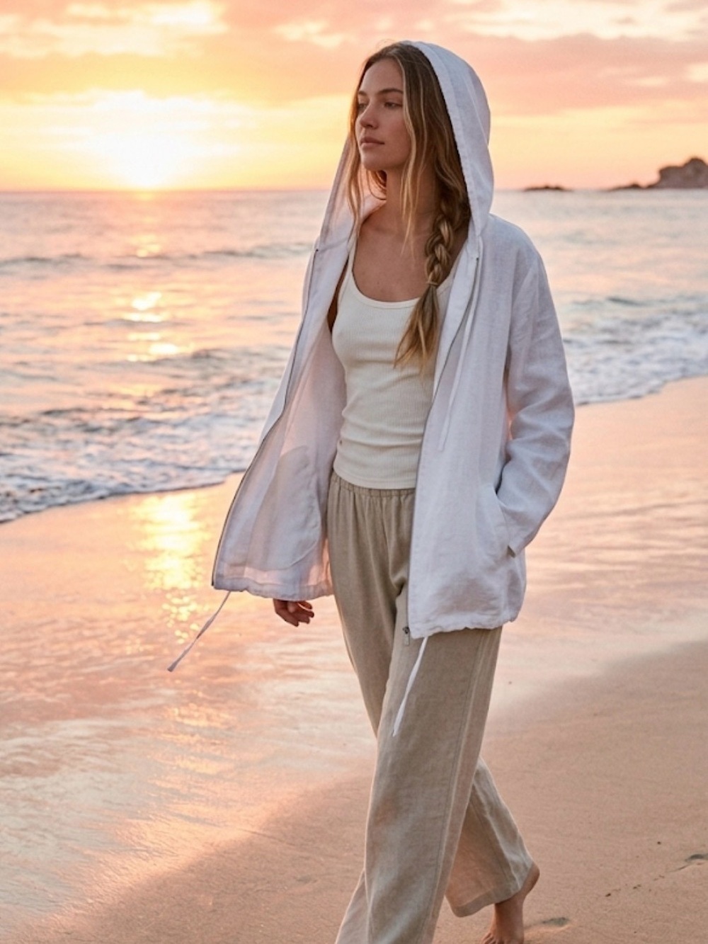 Sun Moda Resortwear White Linen Blend Full Zip Hooded Jacket Large